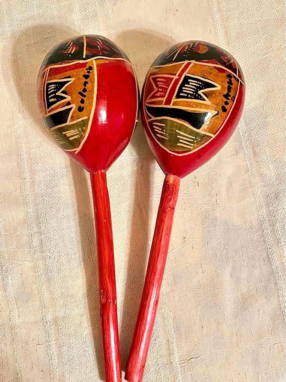Hand Painted Colombian Maracas Pair Red Black Folk Art Percussion Decor